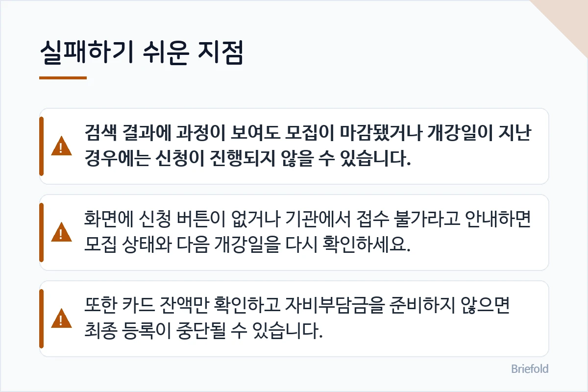 실패하기 쉬운 지점: 검색 결과에 과정이 보여도 모집이 마감됐거나 개강일이 지난 경우에는 신청이 진행되지 않을 수 있습니다., 화면에 신청 버튼이 없거나 기관에서 접수 불가라고 안내하면 모집 상태와 다음 개강일을 다시 확인하세요., 또한 카드 잔액만 확인하고 자비부담금을 준비하지 않으면 최종 등록이 중단될 수 있습니다.