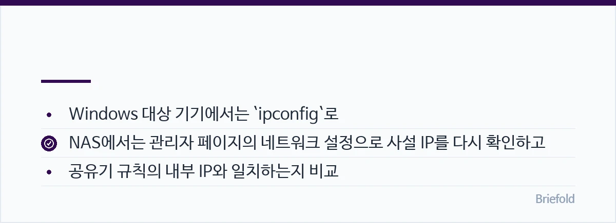 잘못된 사설 IP를 입력하면 공유기는 요청을 전달하지만 실제 서비스가 없는 기기로 보내므로 외부 접속이 시간 초과됩니다. — Windows 대상 기기에서는 <code>ipconfig</code>로, NAS에서는 관리자 페이지의 네트워크 설정으로 사설 IP를 다시 확인하고, 공유기 규칙의 내부 IP와 일치하는지 비교” style=”max-width:100%;height:auto;max-height:640px” /></p>
<p>잘못된 사설 IP를 입력하면 공유기는 요청을 전달하지만 실제 서비스가 없는 기기로 보내므로 외부 접속이 시간 초과됩니다. Windows 대상 기기에서는 <code>ipconfig</code>로, NAS에서는 관리자 페이지의 네트워크 설정으로 사설 IP를 다시 확인하고, 공유기 규칙의 내부 IP와 일치하는지 비교하세요.</p>
<p>기기 내부 방화벽이 해당 포트를 차단하거나 서비스가 내부 포트에서 실행되지 않아도 같은 현상이 나타납니다. 먼저 같은 네트워크에서 <code>192.168.0.50:443</code>처럼 내부 주소로 접속한 뒤, 모바일 데이터 환경에서 공인 IP와 외부 포트로 테스트하면 원인을 분리하기 쉽습니다.</p>
<p>CGNAT 환경에서는 규칙이 정상 저장되어도 외부 요청이 집의 공유기까지 도달하지 않습니다. 공유기의 WAN IP와 외부 IP를 다시 비교하고, 차이가 계속되면 상위 장비의 포트포워딩 또는 통신사의 공인 IP 지원을 확인하세요.</p>
<h2 id=