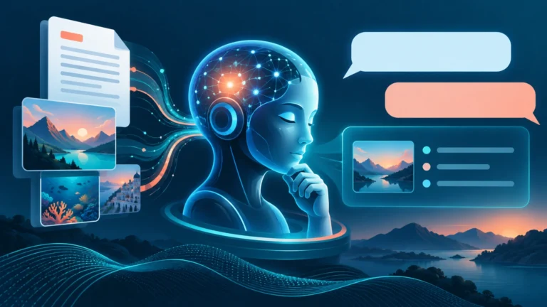 문서와 이미지, 대화 화면을 살펴보는 AI 그림