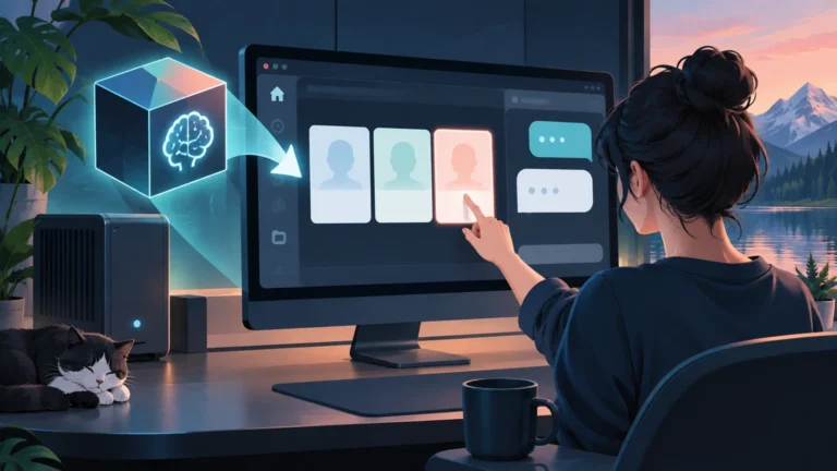 모니터의 여러 모델 카드를 선택하는 사람과 AI 장비