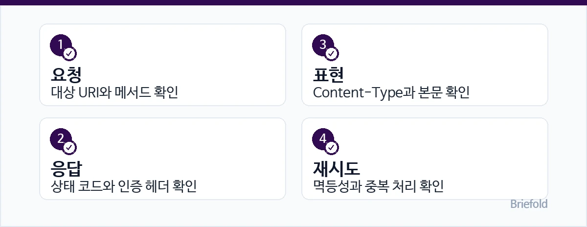 HTTP 요청 결과 확인 순서: 1. 요청 — 대상 URI와 메서드 확인 / 2. 응답 — 상태 코드와 인증 헤더 확인 / 3. 표현 — Content-Type과 본문 확인 / 4. 재시도 — 멱등성과 중복 처리 확인