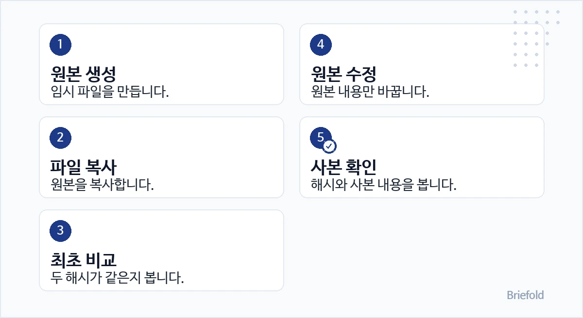 파일 복사 실험의 확인 순서: 1. 원본 생성 — 임시 파일을 만듭니다. / 2. 파일 복사 — 원본을 복사합니다. / 3. 최초 비교 — 두 해시가 같은지 봅니다. / 4. 원본 수정 — 원본 내용만 바꿉니다. / 5. 사본 확인 — 해시와 사본 내용을 봅니다.