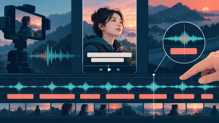 영상 화면과 음성 파형, 자막 타임라인을 조정하는 손